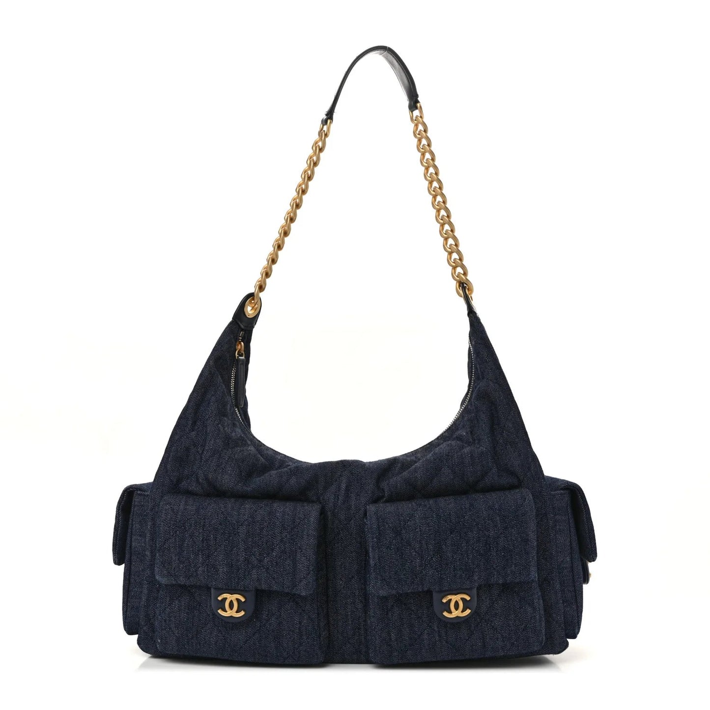 Washed Denim Quilted Maxi Trendy Pockets Hobo Dark Blue