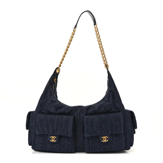 Washed Denim Quilted Maxi Trendy Pockets Hobo Dark Blue
