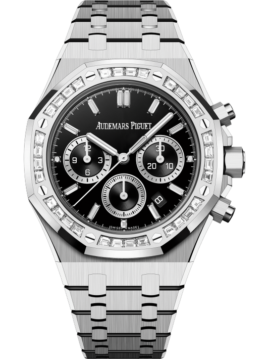 Audemars Piguet Royal Oak Chronograph 38mm White Gold Diamond Set Bezel Black Onyx Diamond Baguette Dial 26715BC.ZZ.1356BC.02
