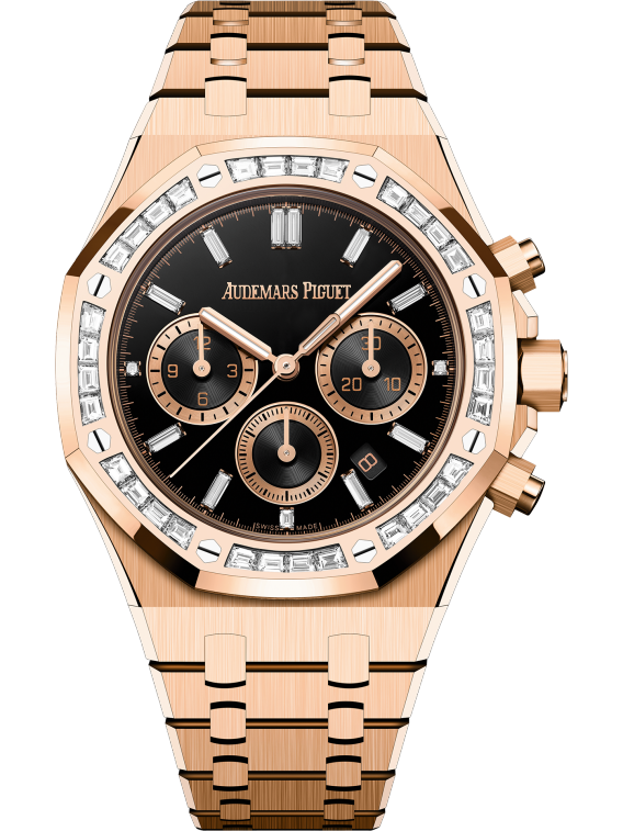 Audemars Piguet Royal Oak Chronograph 38mm Rose Gold Diamond Set Bezel Black Onyx Baguette Dial 26715OR.ZZ.1356OR.02