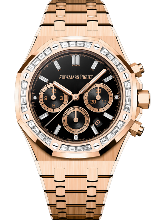 Audemars Piguet Royal Oak Chronograph 38mm Rose Gold Diamond Set Bezel Black Onyx Baguette Dial 26715OR.ZZ.1356OR.02