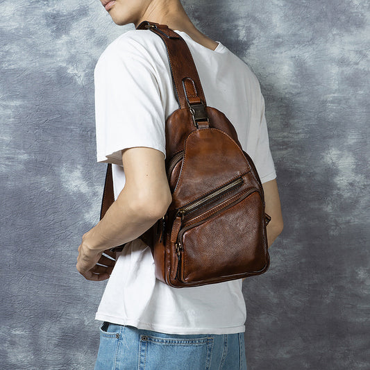 Men's Chest Crossbody Genuine Leather Retro Hand-rubbed Large Capacity Messenger Bag