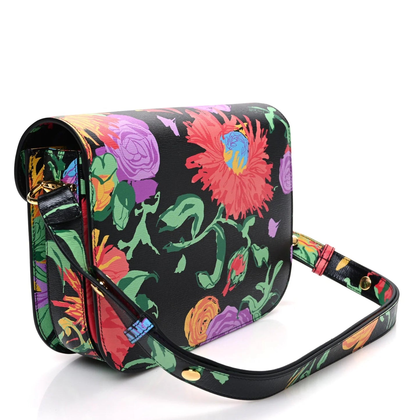 X KEN SCOTT New Shangai Calfskin Jenny Floral Print Horsebit 1955 Shoulder Bag Black Pink