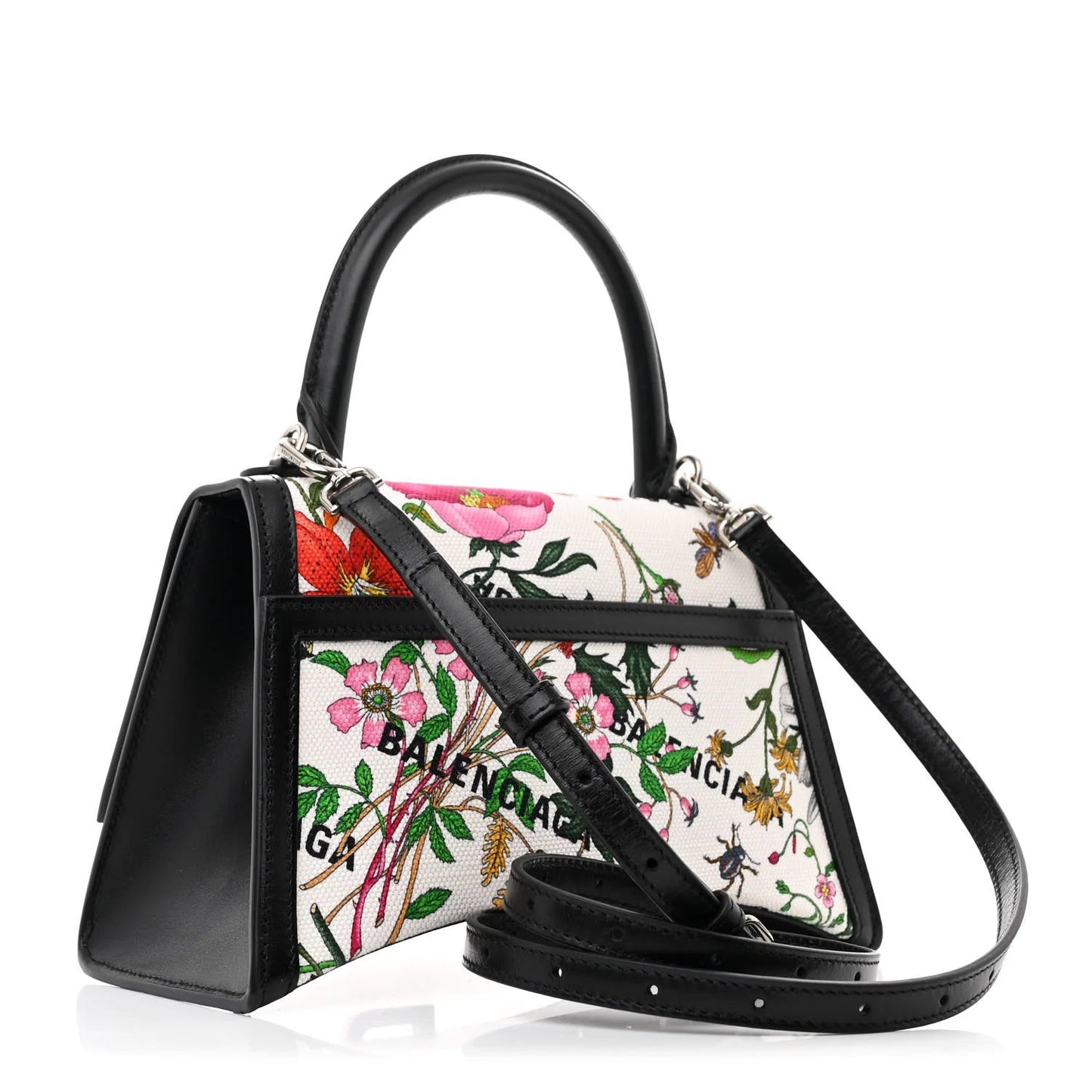 X GUCCI Canvas Boarded Plutone Calfskin Flora Logo Print Small Hourglass Top Handle Bag White Multicolor Black