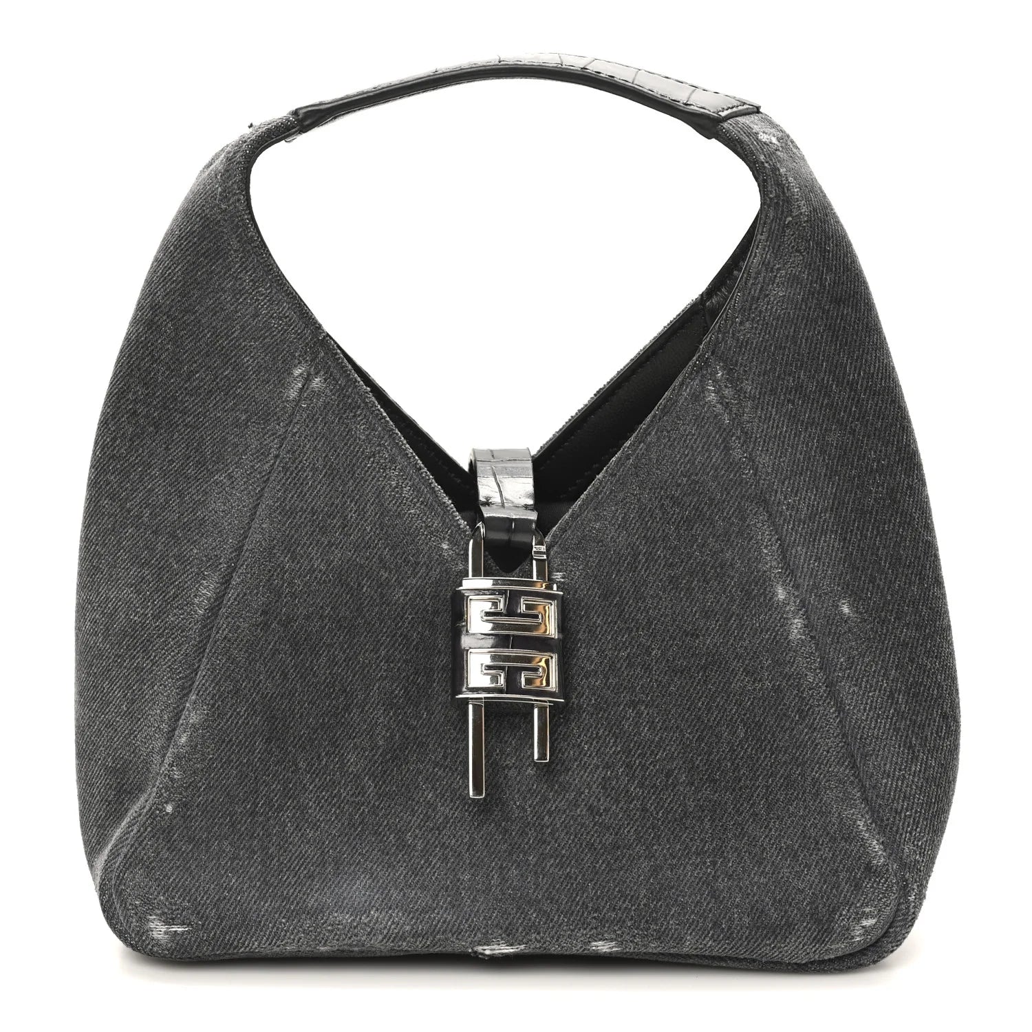 Washed Denim Calfskin Crocodile Embossed Mini G-Lock Hobo Black