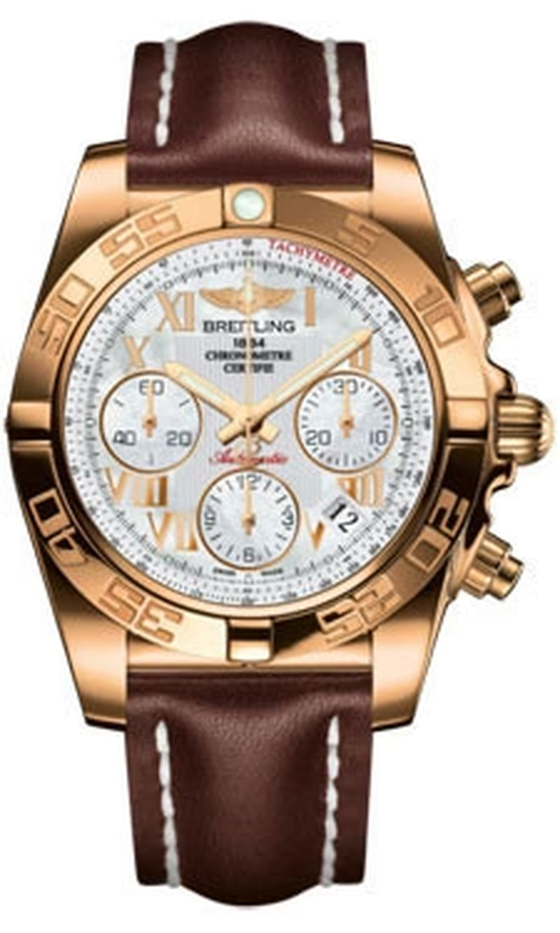 '- Chronomat 41 Rose Gold Polished Bezel - Leather Strap