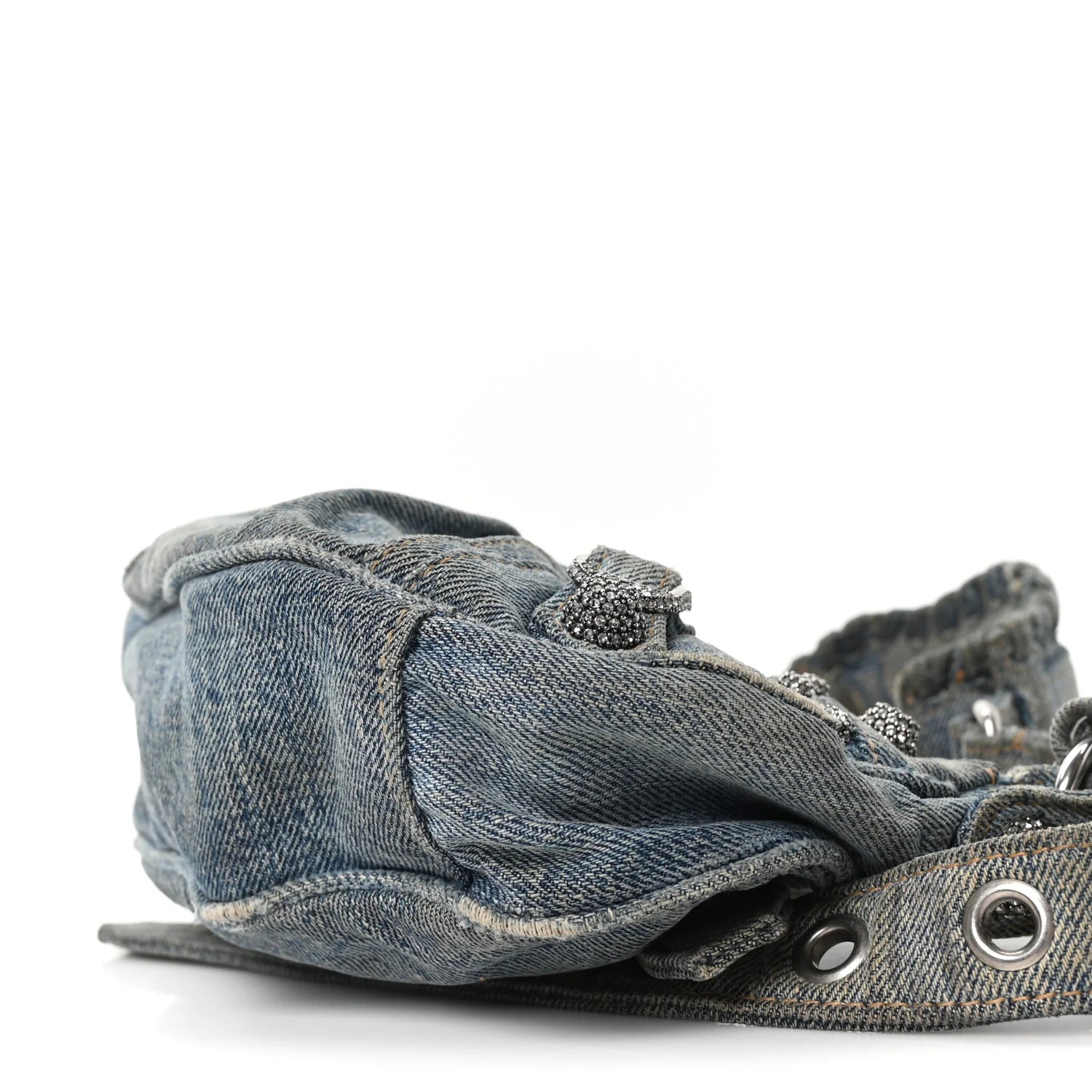 Washed Frayed Denim Crystal Le Cagole Shoulder Bag XS Blue