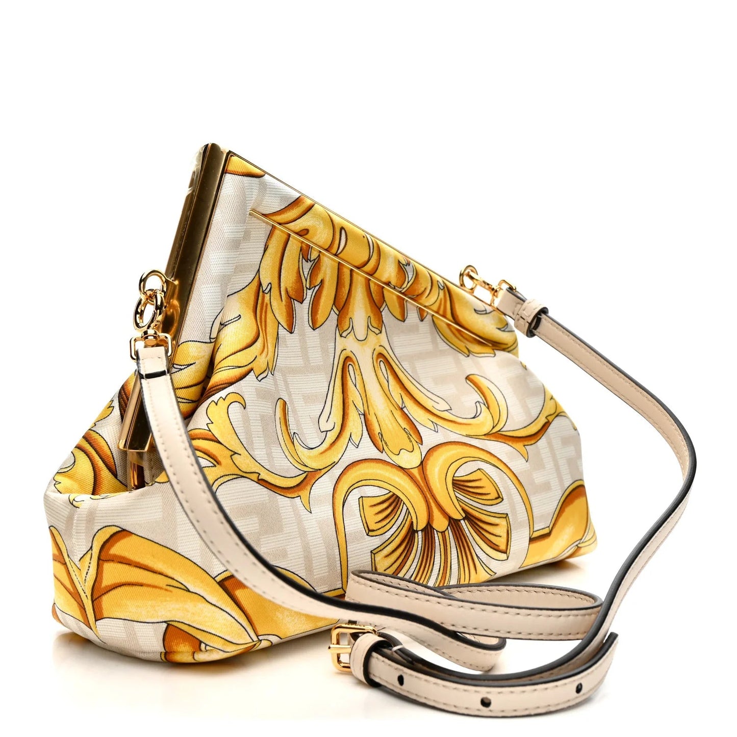 X VERSACE Silk Calfskin Fendace FF Baroque Print Medium  First White Gold