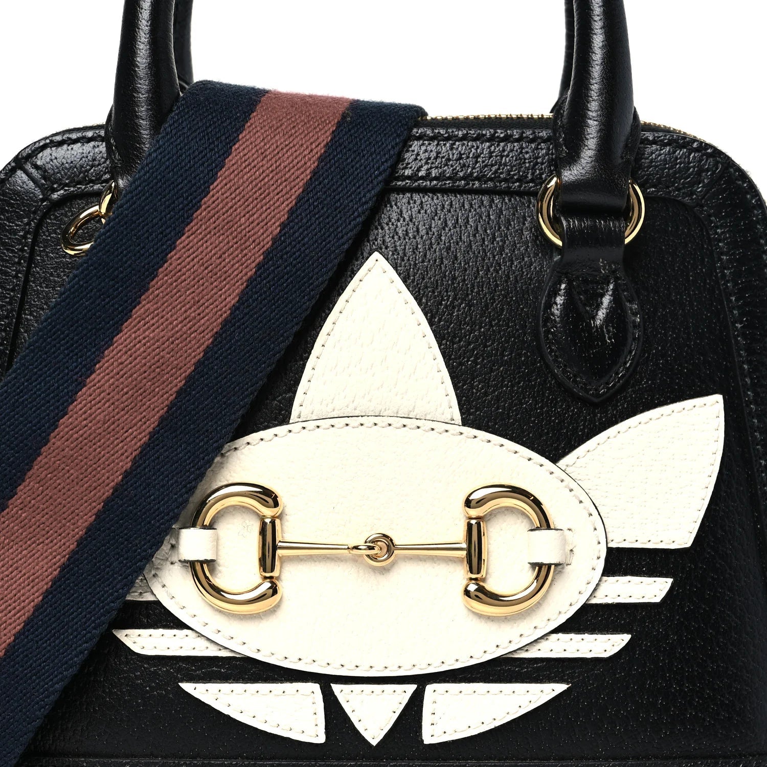 X adidas Textured Dollar Calfskin Web Trefoil Mini Horsebit 1955 Top Handle Bag Black off White