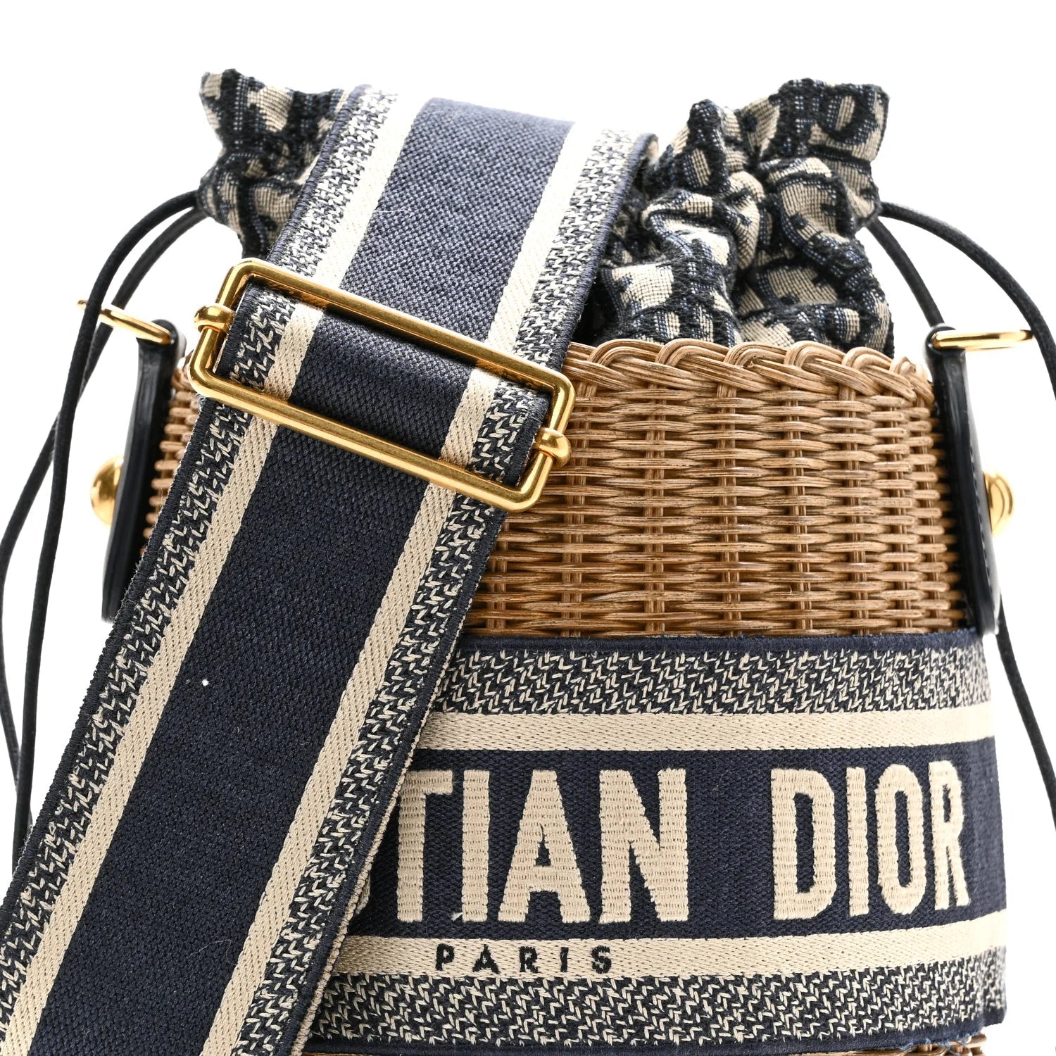 Wicker Oblique Drawstring Bucket Bag Blue