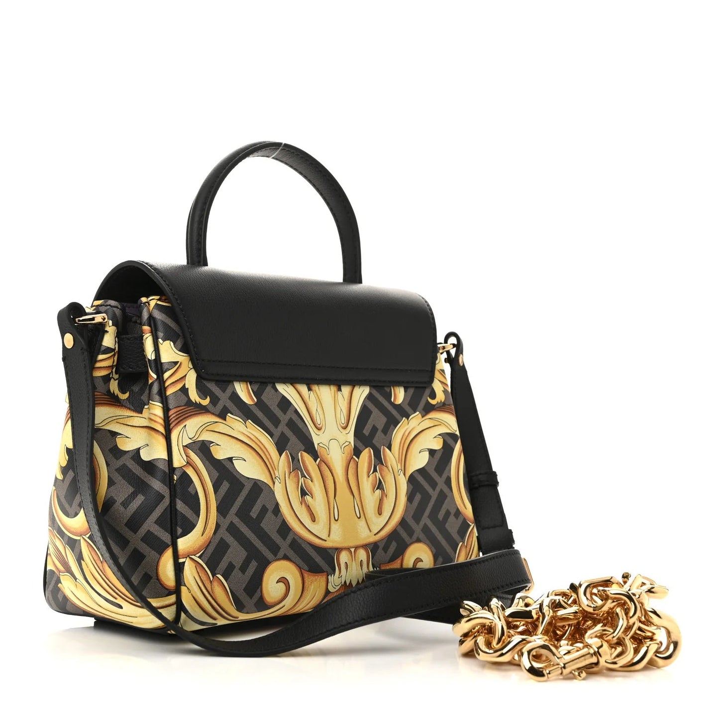 X FENDI Grained Calfskin Fendace La Medusa Medium Top Handle Bag Black Multicolor