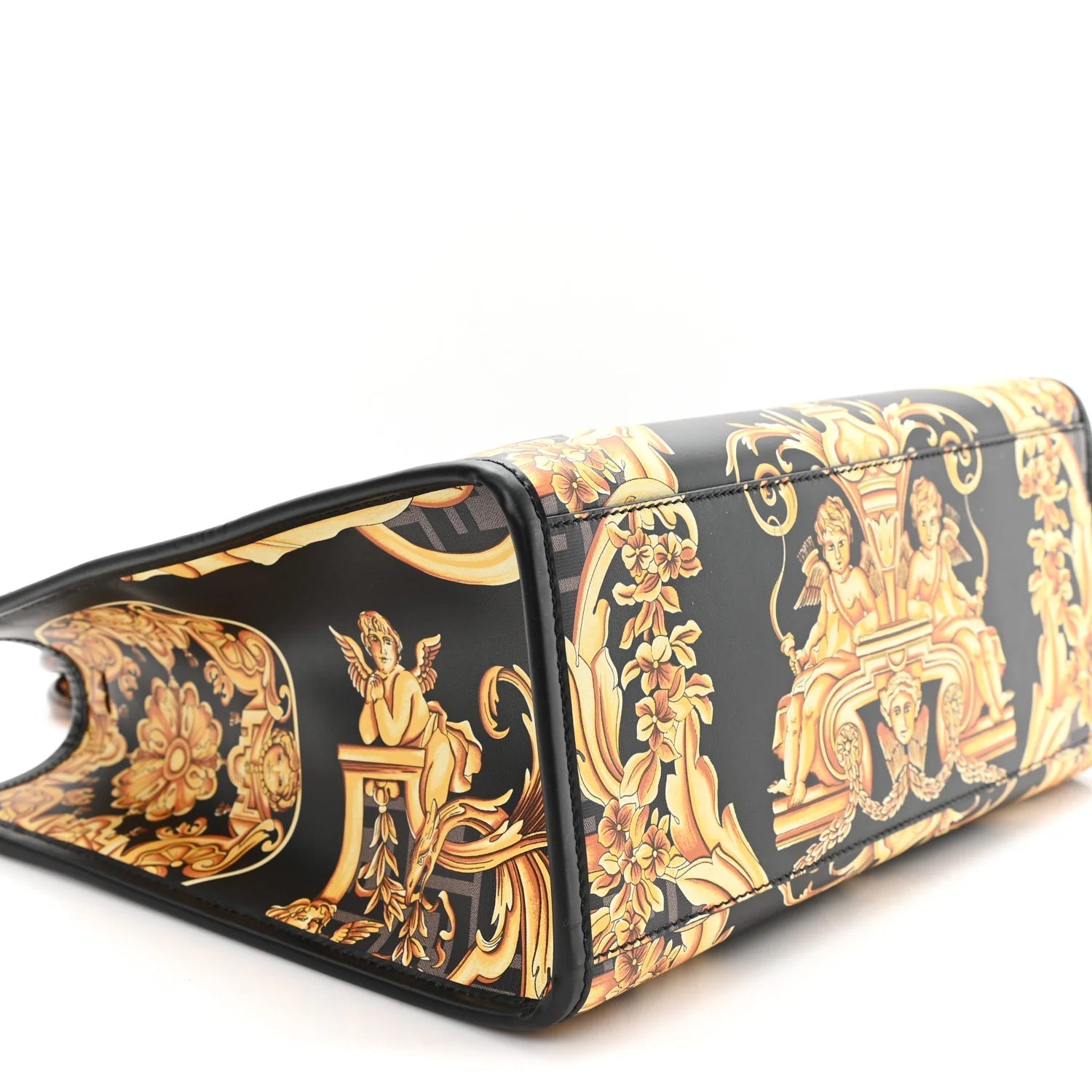 X VERSACE Calfskin Plexiglass Fendace FF Baroque Print Medium  Sunshine Shopper Tote Black Gold