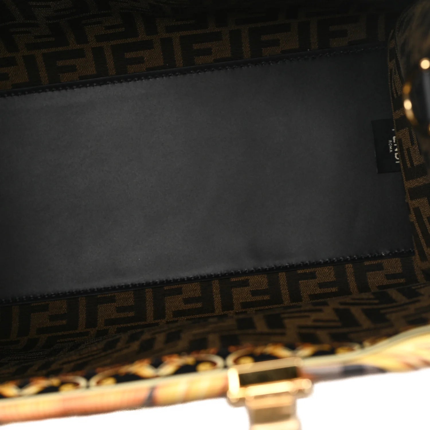 X VERSACE Calfskin Plexiglass Fendace FF Baroque Print Medium  Sunshine Shopper Tote Black Gold