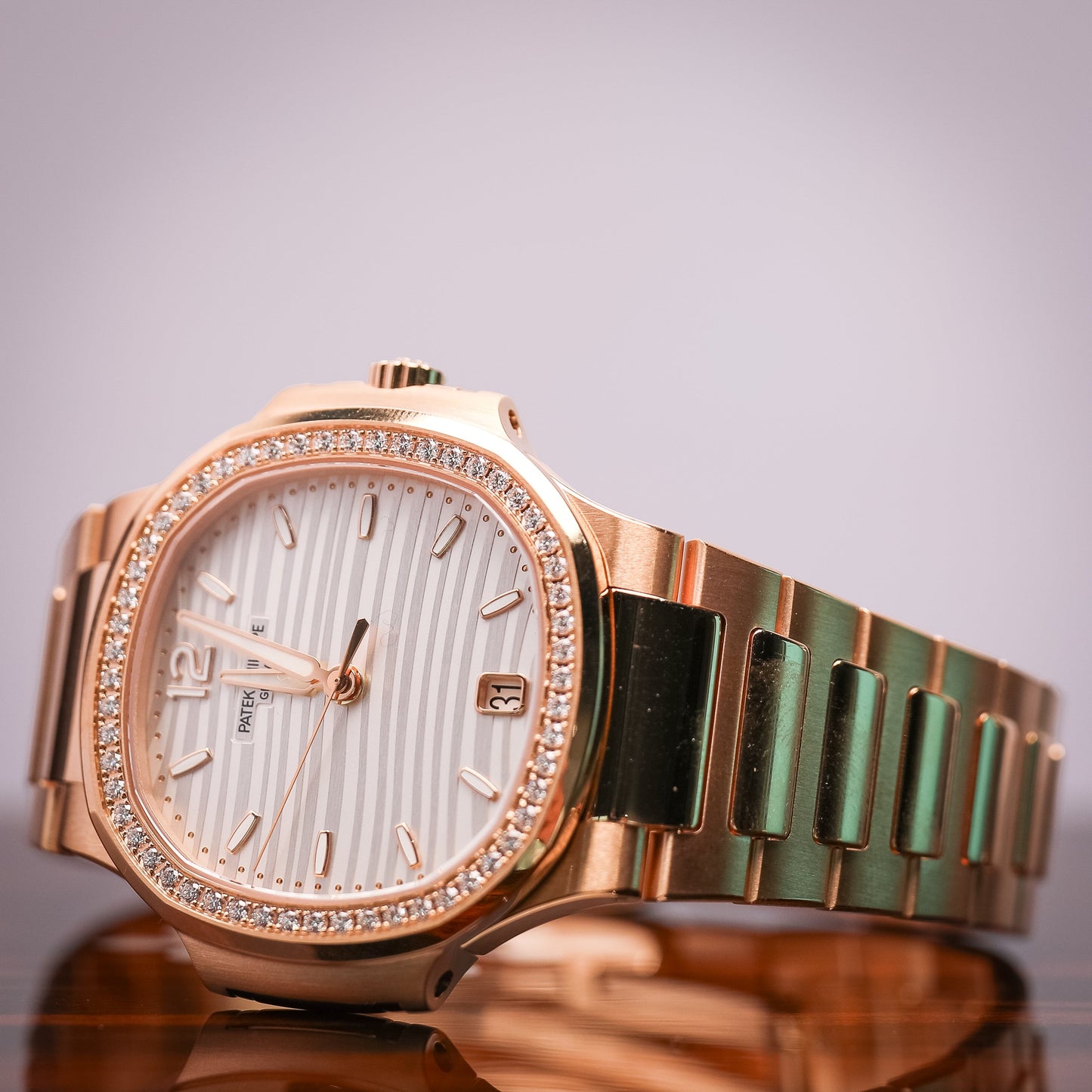 Patek Philippe Nautilus 35.2 mm Silver Dial with Diamonds 18K Rose Gold Bracelet 7118/1200R-001