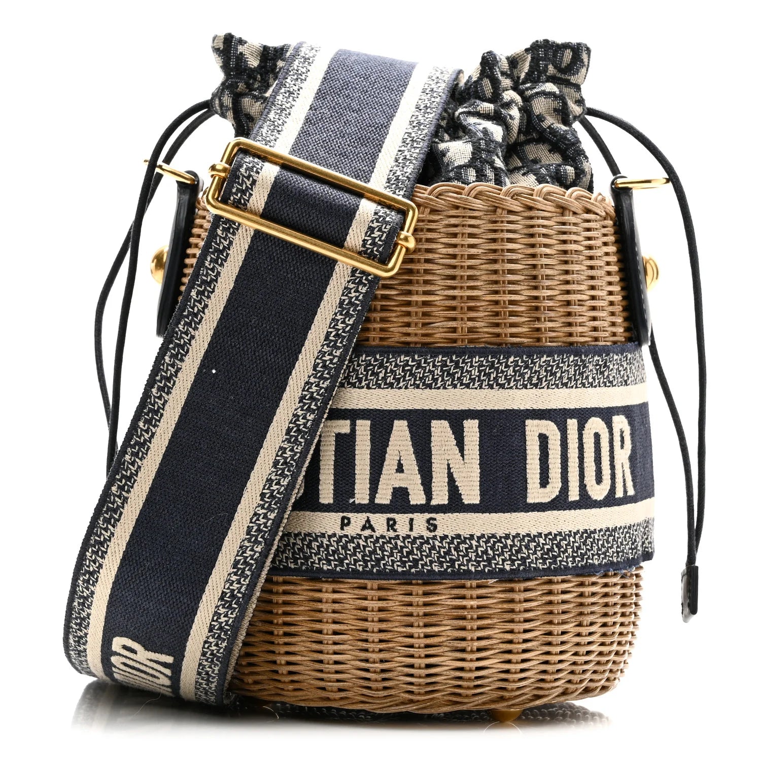 Wicker Oblique Drawstring Bucket Bag Blue