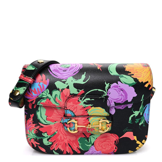 X KEN SCOTT New Shangai Calfskin Jenny Floral Print Horsebit 1955 Shoulder Bag Black Pink