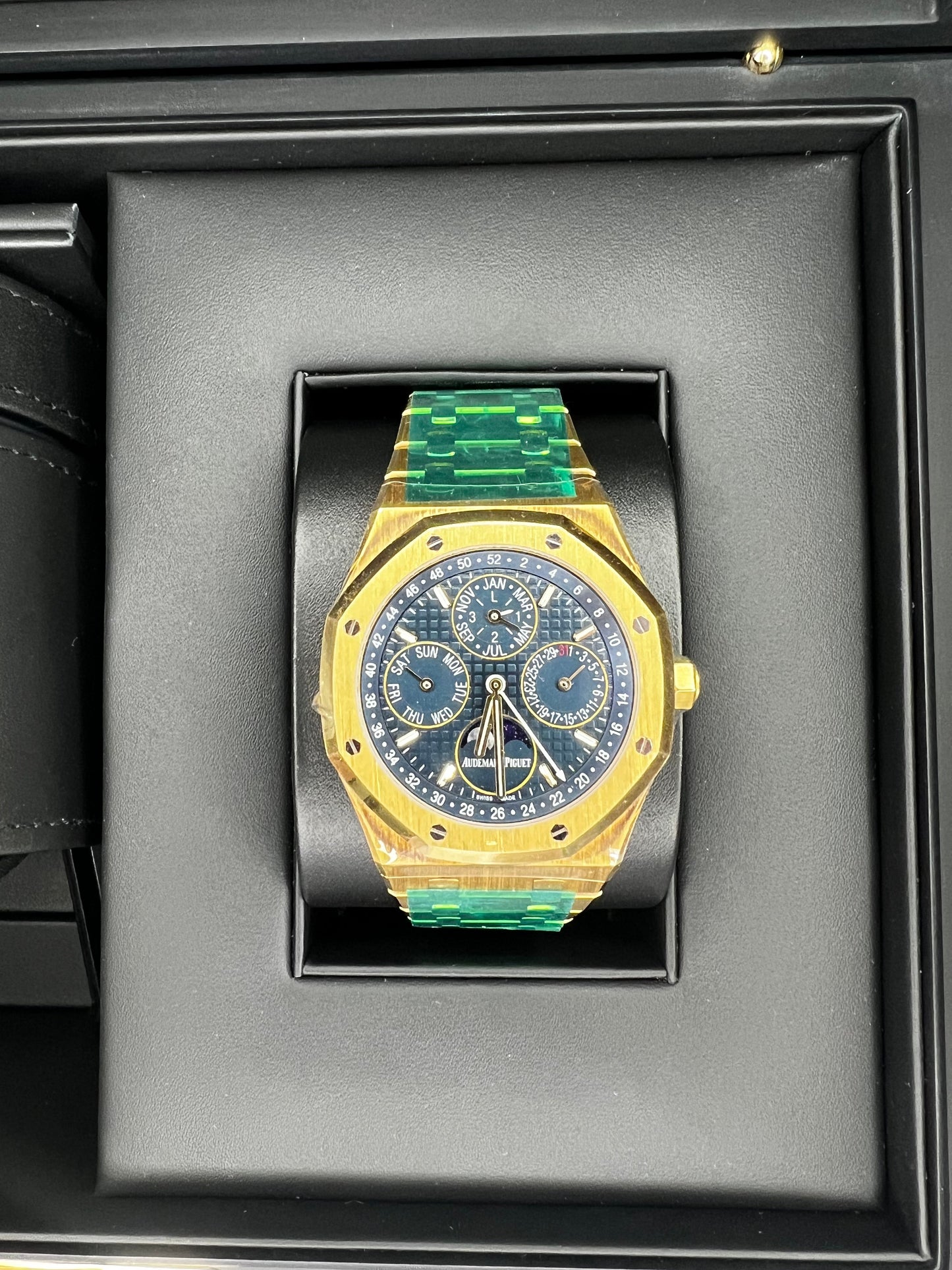 Audemars Piguet Royal Oak Perpetual Calendar Watch 26574BA.OO.1220BA.01 Yellow Gold Blue Dial Moonphase