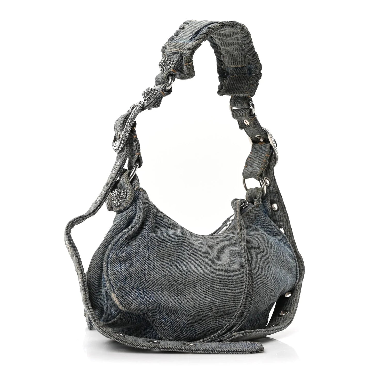 Washed Frayed Denim Crystal Le Cagole Shoulder Bag XS Blue