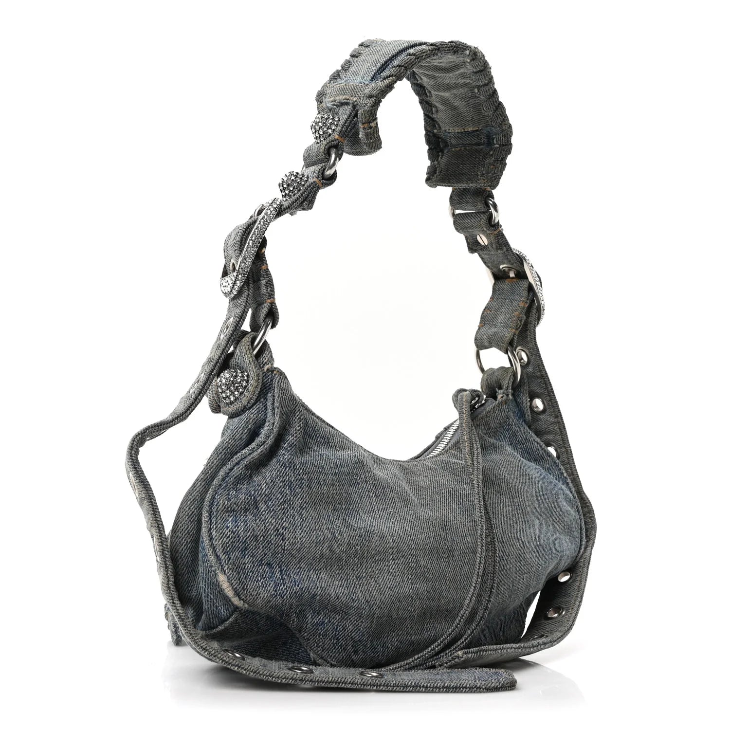Washed Frayed Denim Crystal Le Cagole Shoulder Bag XS Blue