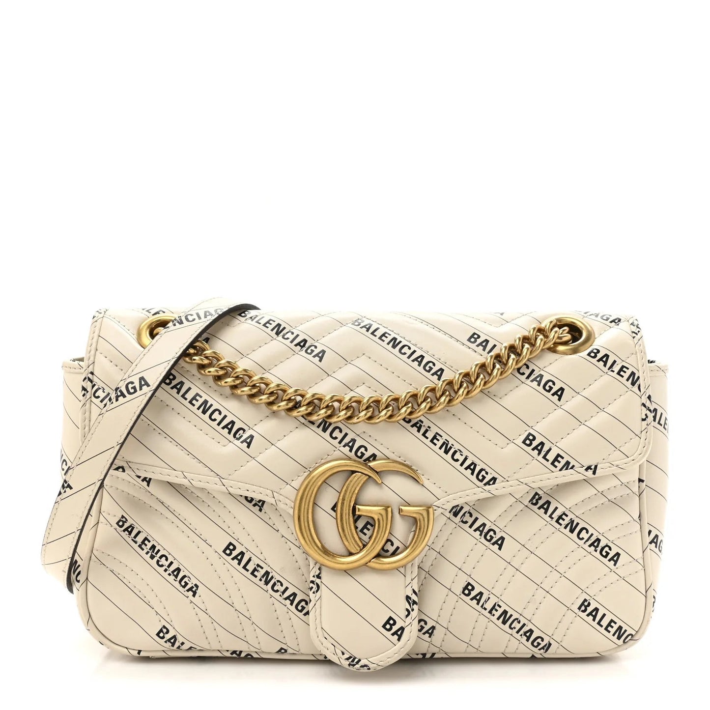 X BALENCIAGA Calfskin Matelasse Logo Print Small GG Marmont Shoulder Bag White