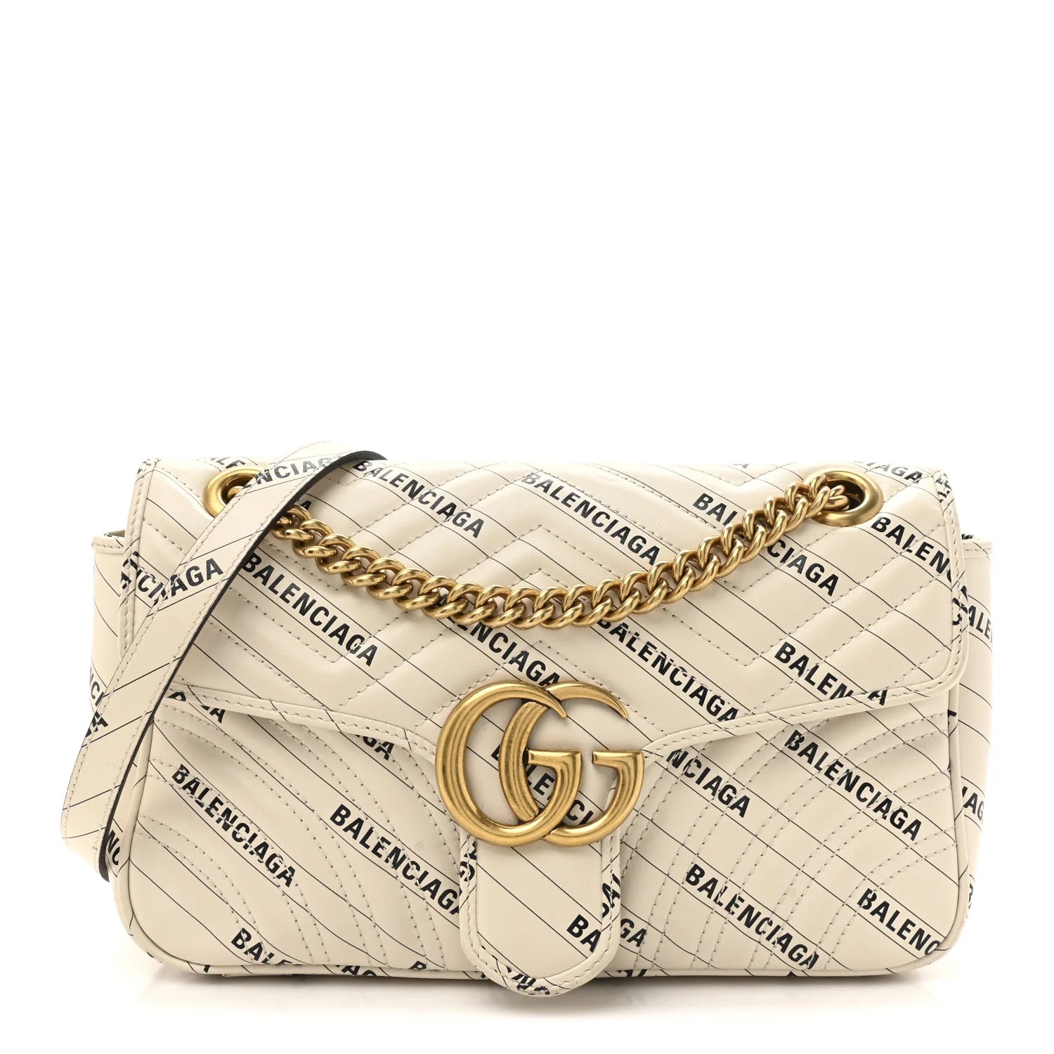 X BALENCIAGA Calfskin Matelasse Logo Print Small GG Marmont Shoulder Bag White