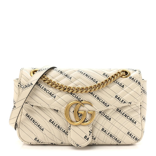 X BALENCIAGA Calfskin Matelasse Logo Print Small GG Marmont Shoulder Bag White