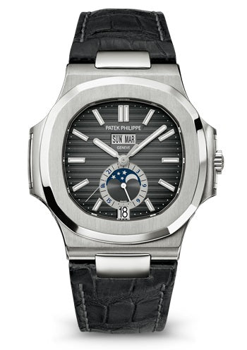 Patek Philippe Nautilus 5726A-001 Stainless Steel Moon Phase Black Leather Strap