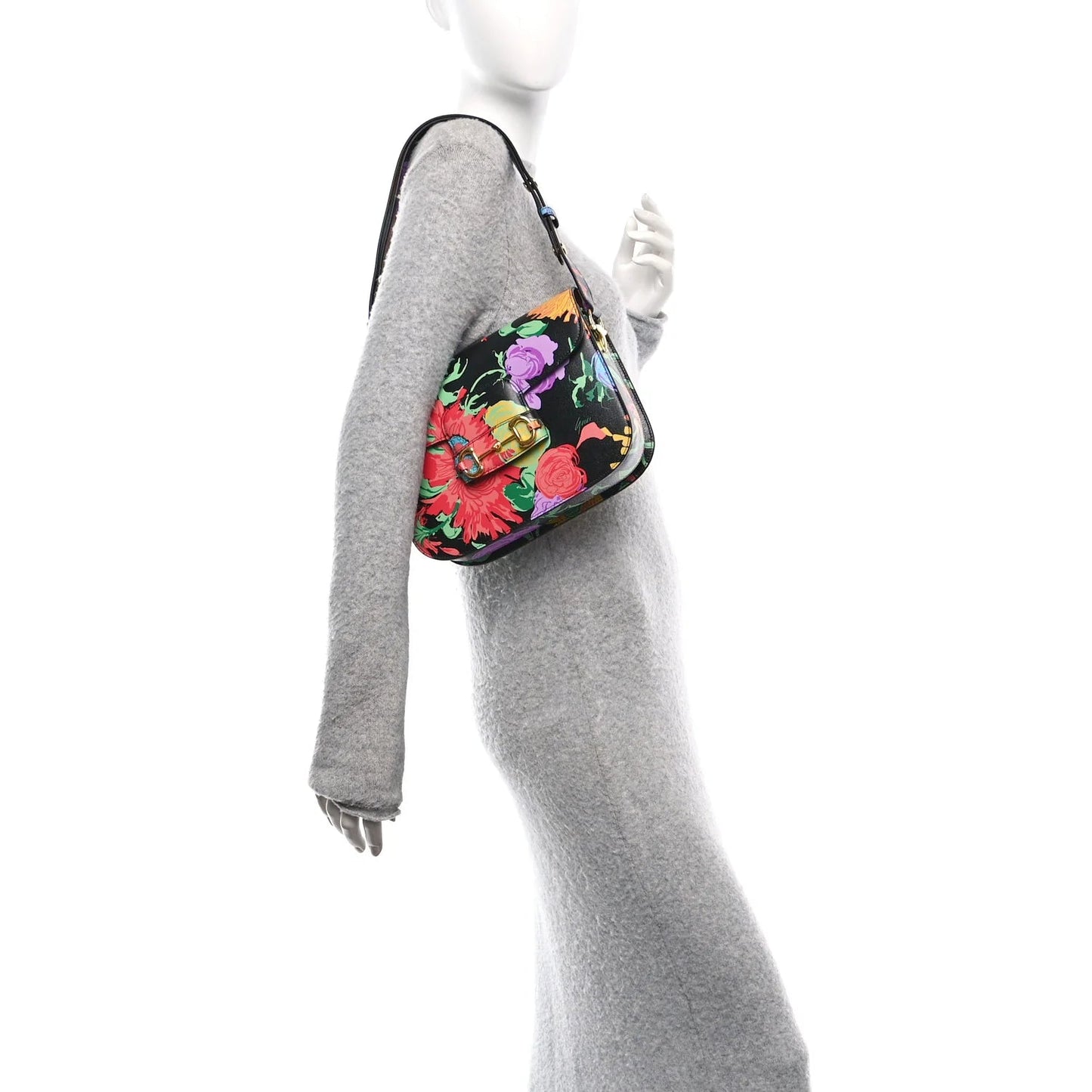 X KEN SCOTT New Shangai Calfskin Jenny Floral Print Horsebit 1955 Shoulder Bag Black Pink