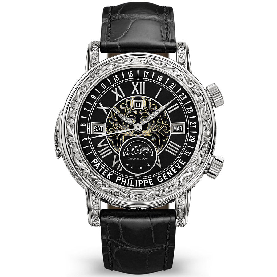Patek Philippe Grand Complications Sky Moon Tourbillon Perpetual Calendar Hand Engraved 44mm 6002G Black Enamel Dial