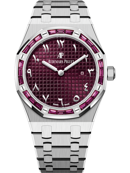 Audemars Piguet Royal Oak, Baguette Diamond Bezel, 18K White Gold, Purple Arabic Numerals Dial 67656BC.GR.1261BC.01
