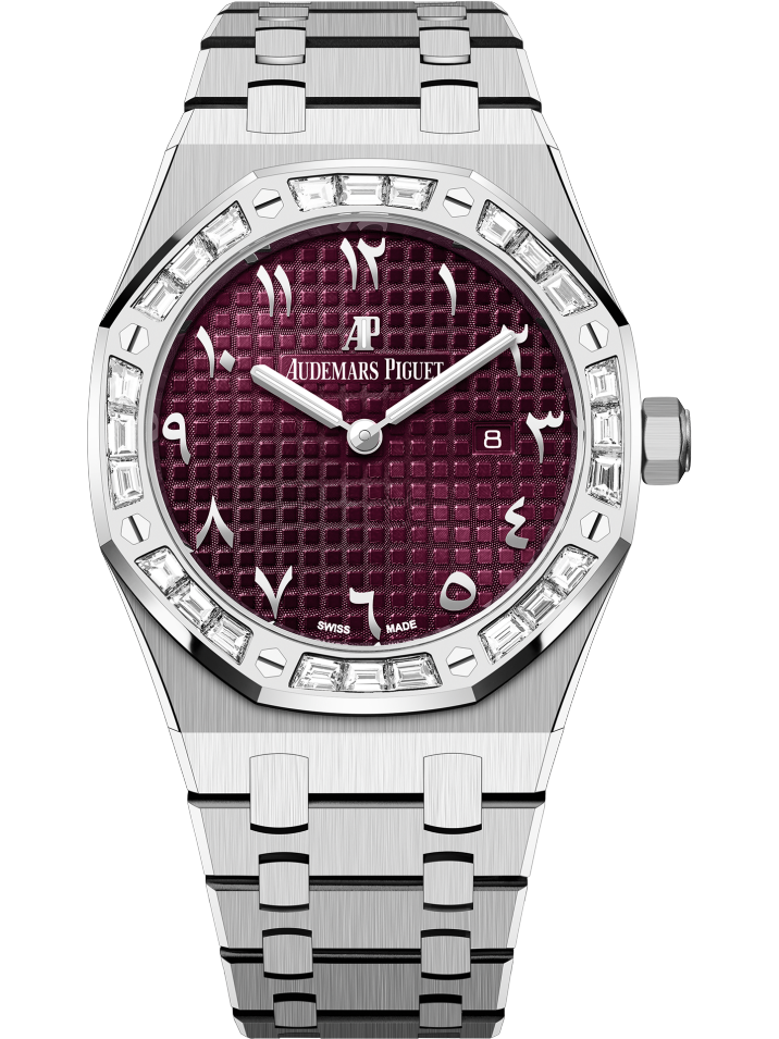 Audemars Piguet Royal Oak Quartz 33mm White Gold Diamond Baguette Bezel Purple Dial 67656BC.ZZ.1261BC.01