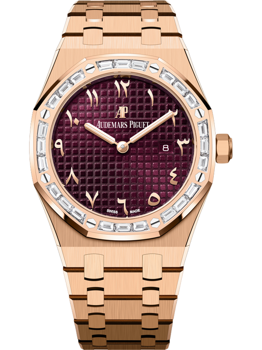 Audemars Piguet Royal Oak Quartz 33mm Rose Gold Diamond Baguette Bezel Purple Dial 67656OR.ZZ.1261OR.01