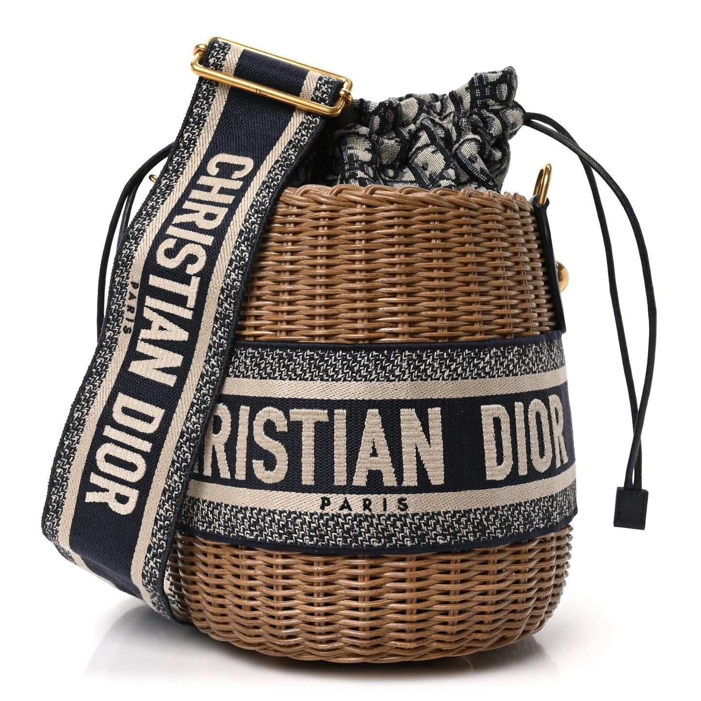 Wicker Oblique Drawstring Bucket Bag Blue