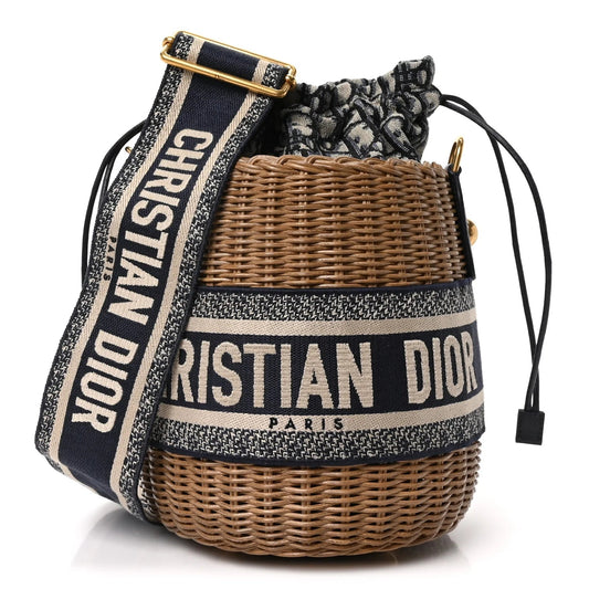 Wicker Oblique Drawstring Bucket Bag Blue