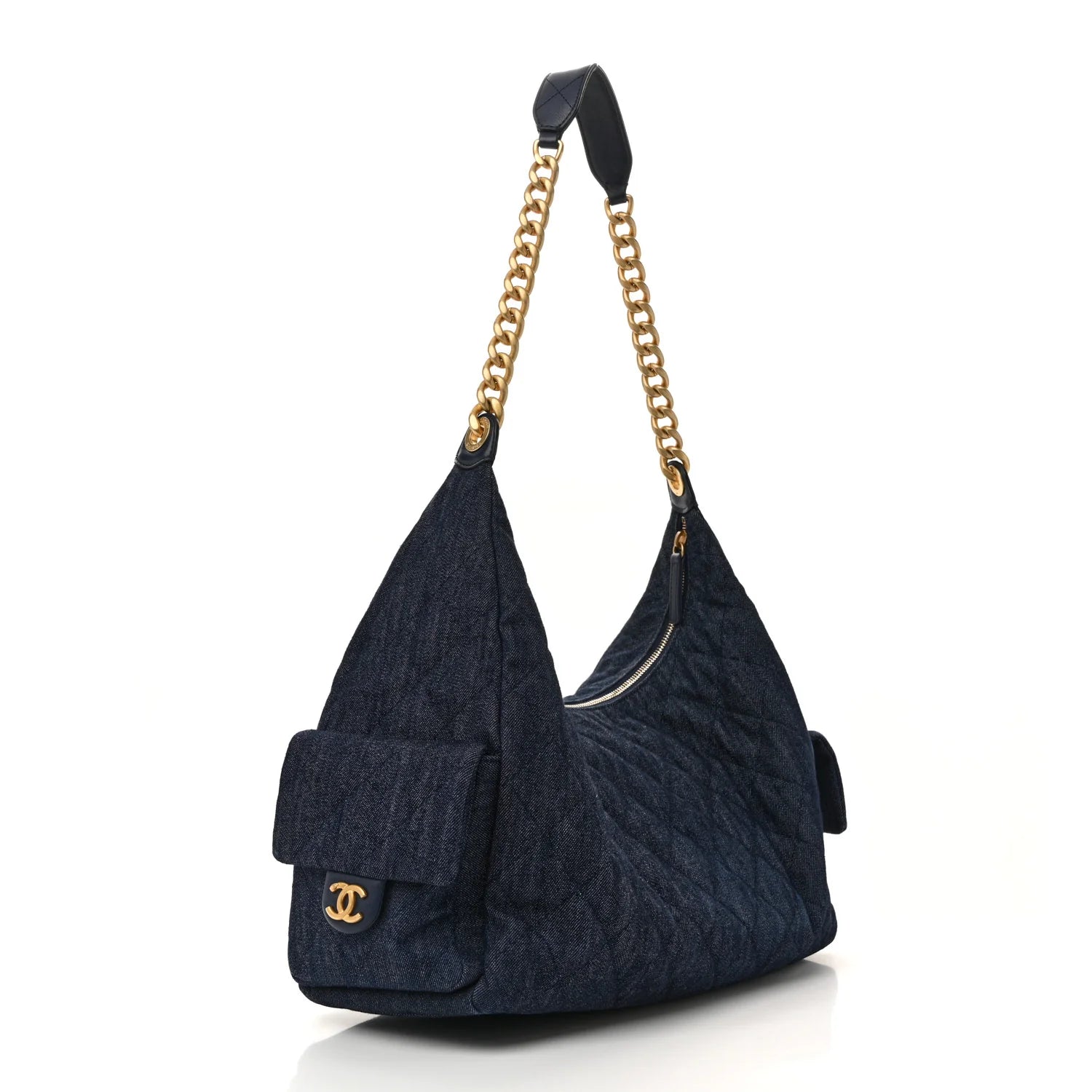 Washed Denim Quilted Maxi Trendy Pockets Hobo Dark Blue