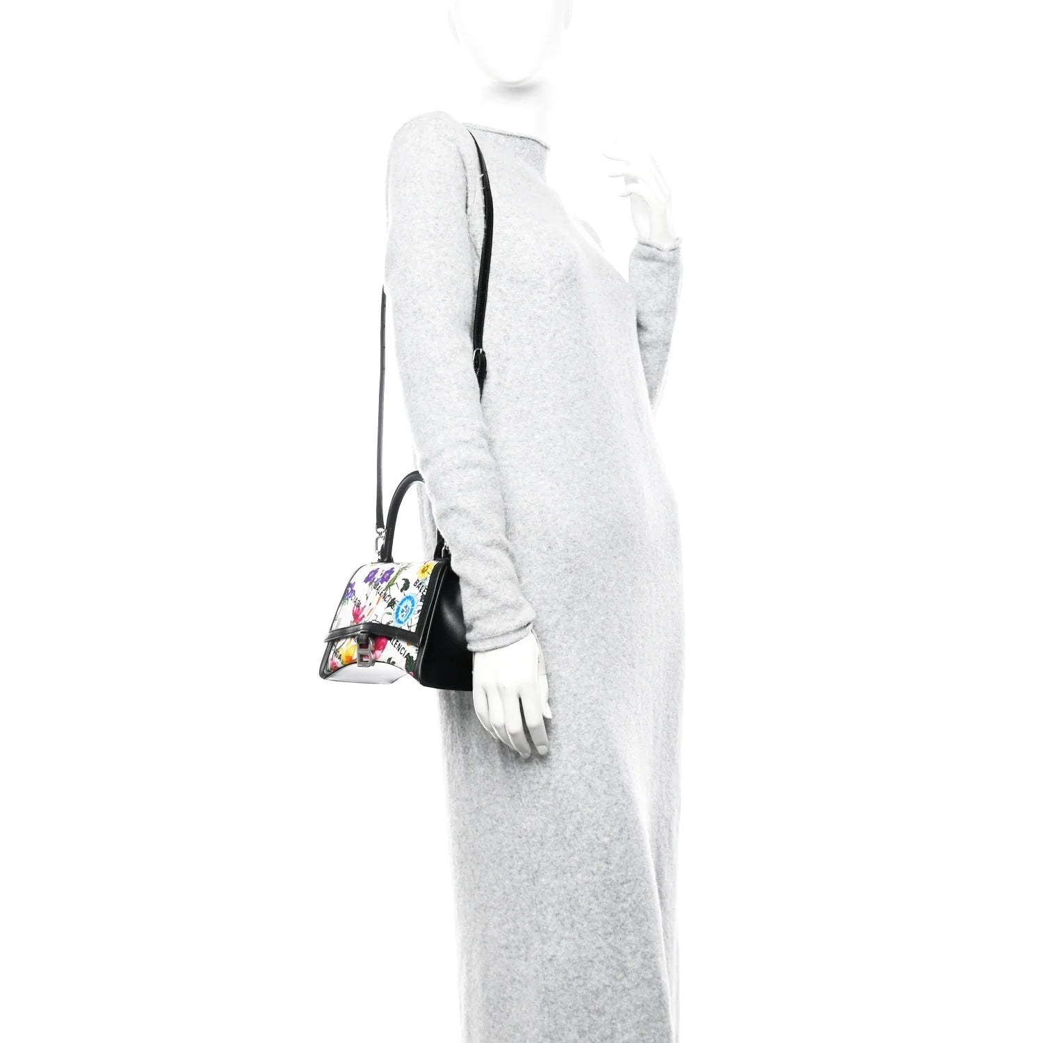 X GUCCI Canvas Boarded Plutone Calfskin Flora Logo Print Small Hourglass Top Handle Bag White Multicolor Black