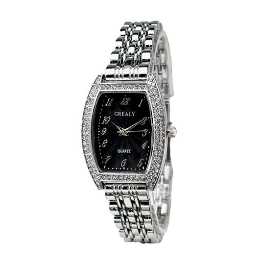 Diamond-encrusted Watch Barrel-shaped Dial Metal Bracelet Quartz Ladies' Watch