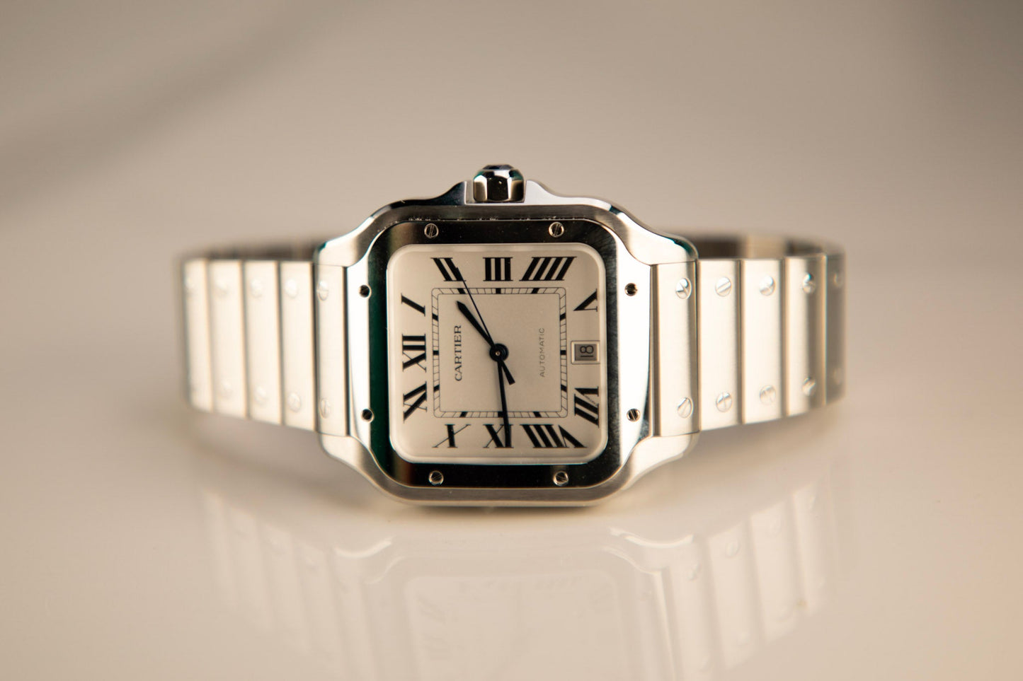 Cartier Santos Large 47.5 mm x 39.8 mm Silver Dial Steel Bracelet WSSA0018