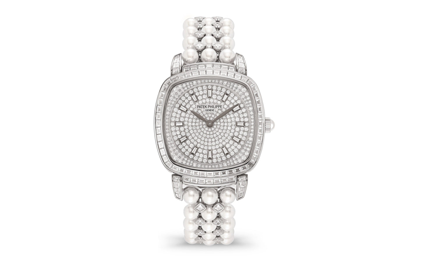 Patek Philippe Ladies Gondolo Haute Joaillerie, 18kt White Gold set with diamonds and Akoya pearls, 31 × 34.8mm, Ref# 7042/100G-010