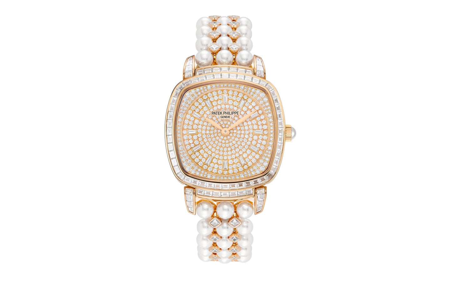 Patek Philippe Ladies Gondolo Haute Joaillerie, 18kt Rose Gold set with diamonds and Akoya pearls, 31 × 34.8mm, Ref# 7042/100R-010