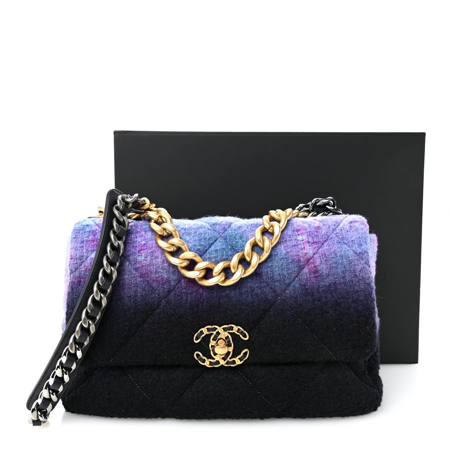 Wool Tweed Quilted Large  19 Flap Purple Black Blue