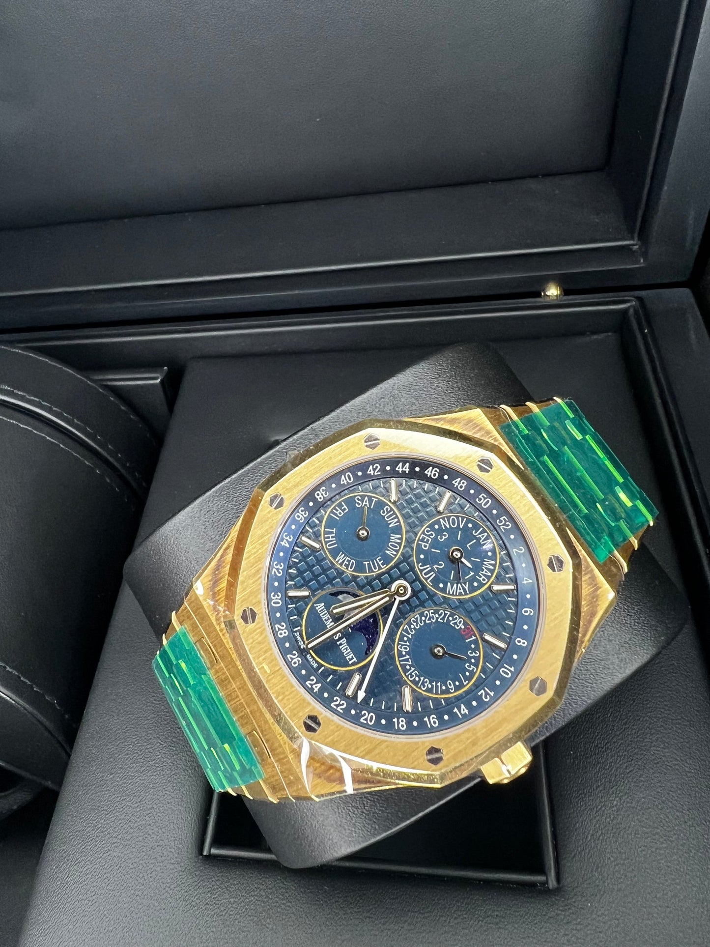 Audemars Piguet Royal Oak Perpetual Calendar Watch 26574BA.OO.1220BA.01 Yellow Gold Blue Dial Moonphase