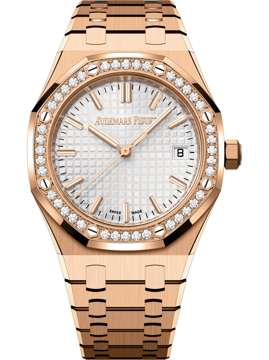 Audemars Piguet Royal Oak 77451OR.ZZ.1361OR.03, 18K Rose Gold, Diamond Bezel, Silver Index Dial, 34mm