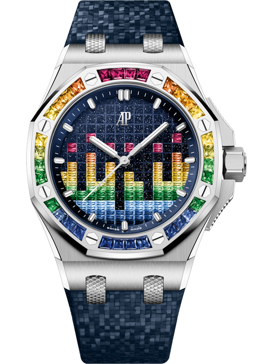 Audemars Piguet Royal Oak Offshore Selfwinding-Music Edition 37mm White Gold Gemstones Bezel Blue Dial Rubber Strap 77601BC.YY.D343CA.01