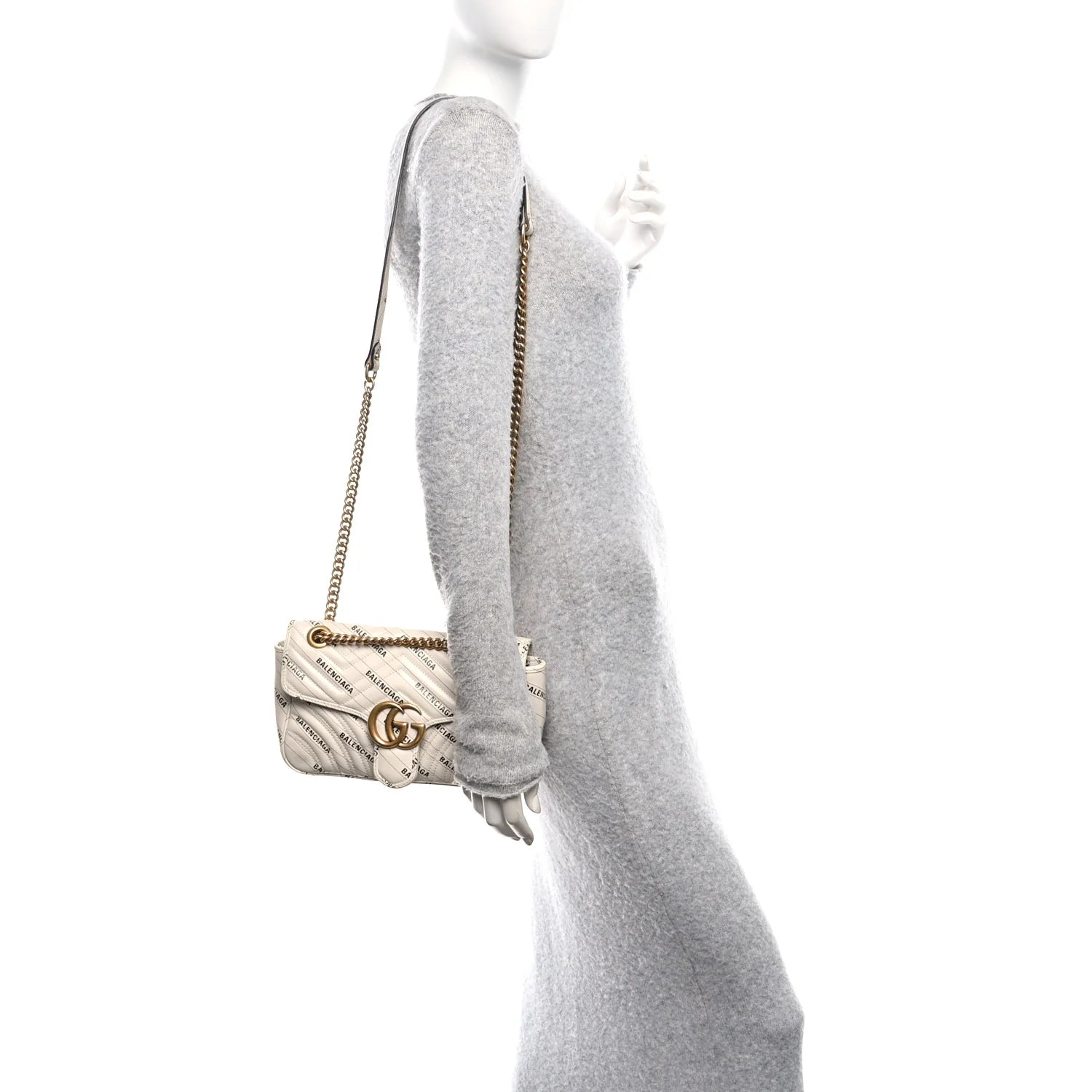 X BALENCIAGA Calfskin Matelasse Logo Print Small GG Marmont Shoulder Bag White