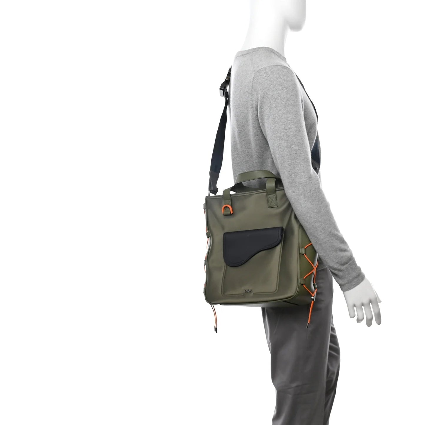 X SACAI Grained Calfskin Technical Fabric Saddle Tote Olive Navy Blue