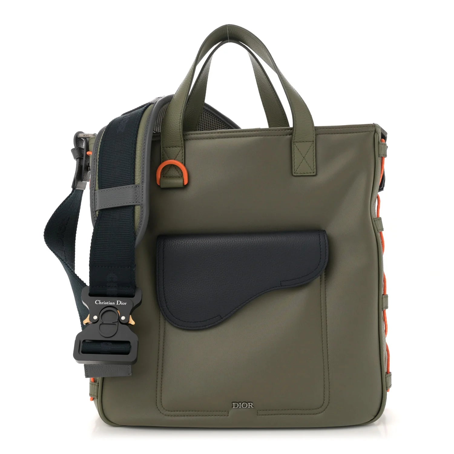 X SACAI Grained Calfskin Technical Fabric Saddle Tote Olive Navy Blue