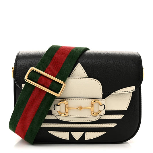 X adidas Textured Dollar Calfskin Web Trefoil Mini Horsebit 1955 Shoulder Bag Black off White