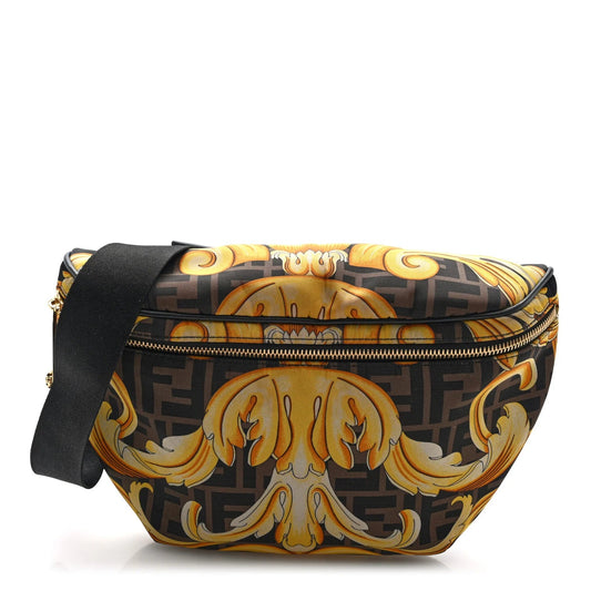 X VERSACE Nylon Cuoio Romano Fendace FF Baroque Belt Bag Black Gold