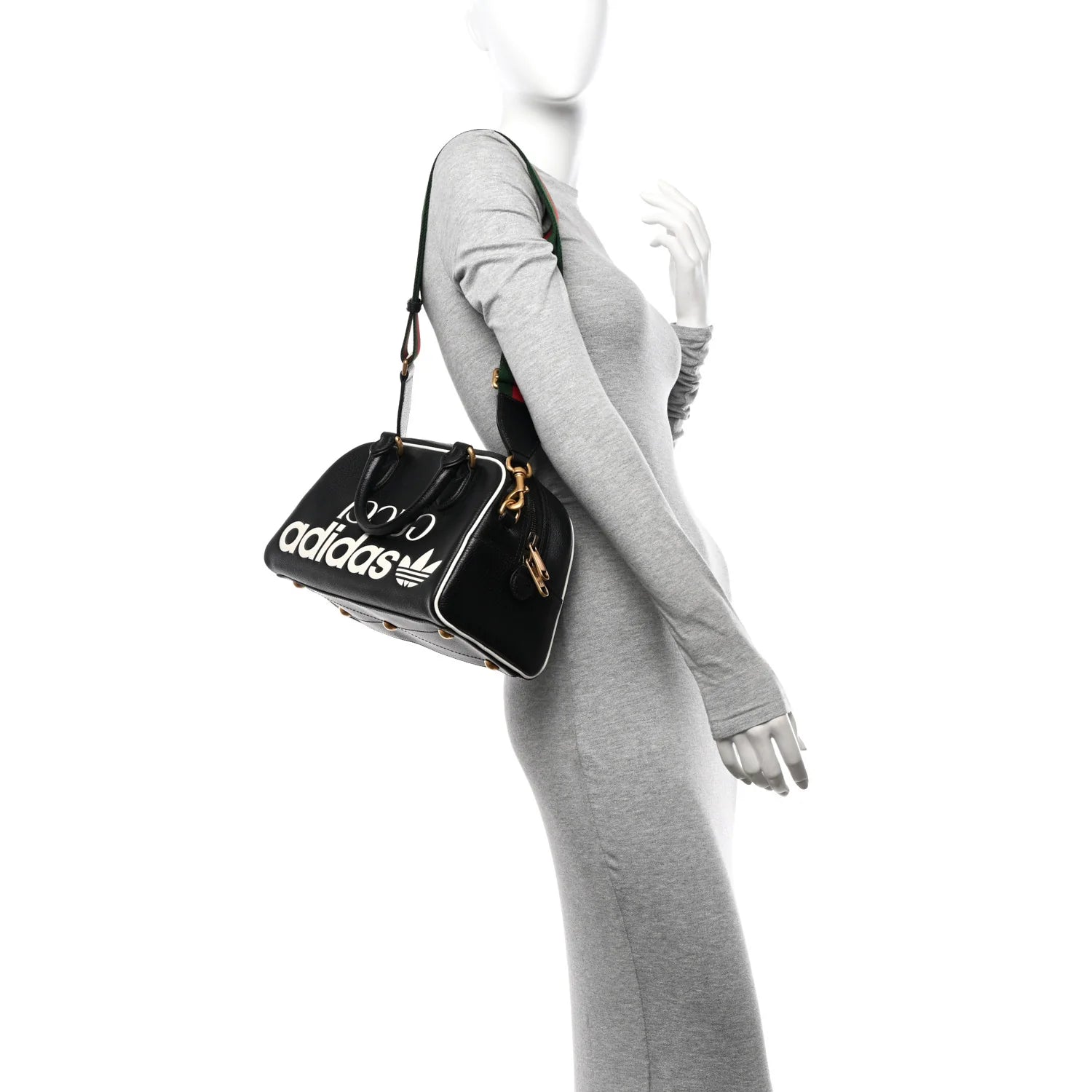 X adidas Textured Dollar Calfskin Web Trefoil Logo Embossed Mini Bowling Bag Black off White